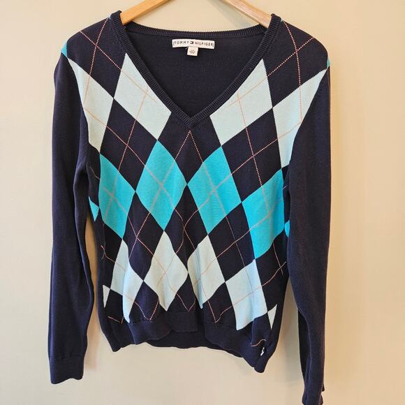 Vintage Y2K Tommy Hilfiger Women's Argyle Sweater, Size Large V-Neck Preppy - Picture 1 of 8